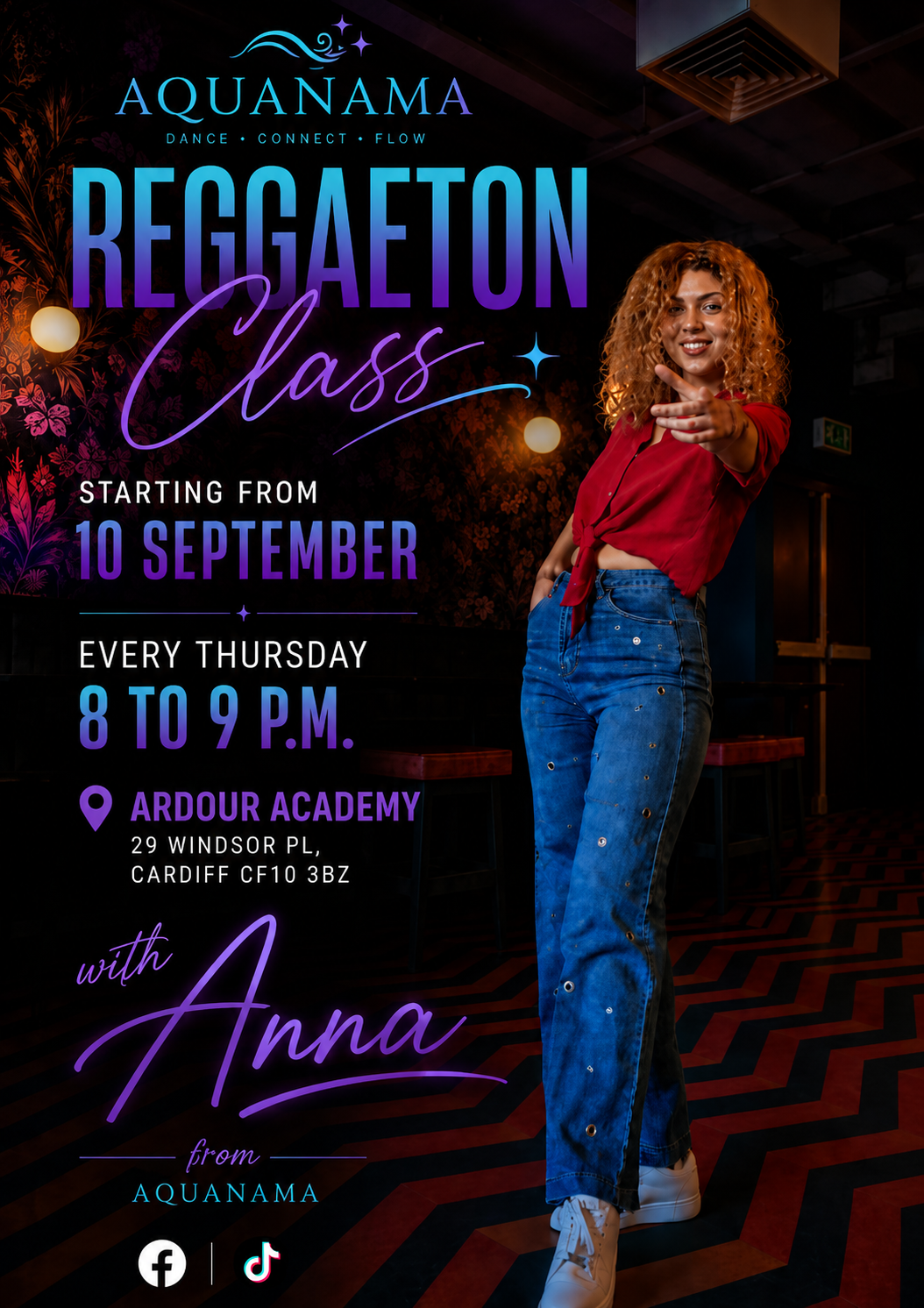 Aquanama Reggaeton class poster — every Thursday 8 to 9 PM at Ardour Academy, 29 Windsor Pl, Cardiff, with Anna